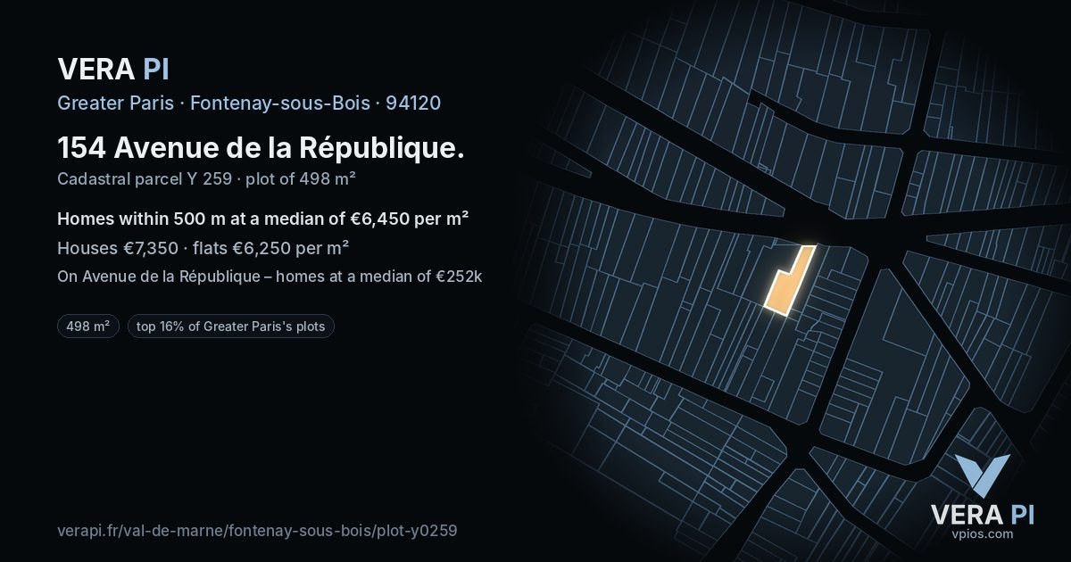 154 Avenue de la République, Fontenay-sous-Bois at night – the plot lit, the parcels around coloured by the prices near them