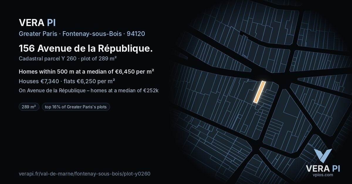 156 Avenue de la République, Fontenay-sous-Bois at night – the plot lit, the parcels around coloured by the prices near them