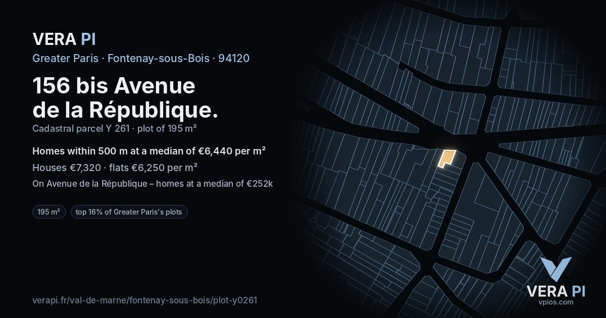 156 bis Avenue de la République, Fontenay-sous-Bois at night – the plot lit, the parcels around coloured by the prices near them