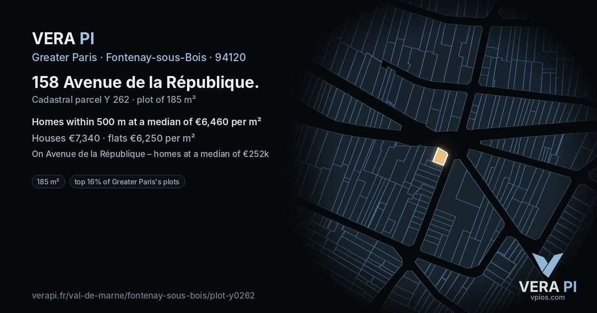 158 Avenue de la République, Fontenay-sous-Bois at night – the plot lit, the parcels around coloured by the prices near them