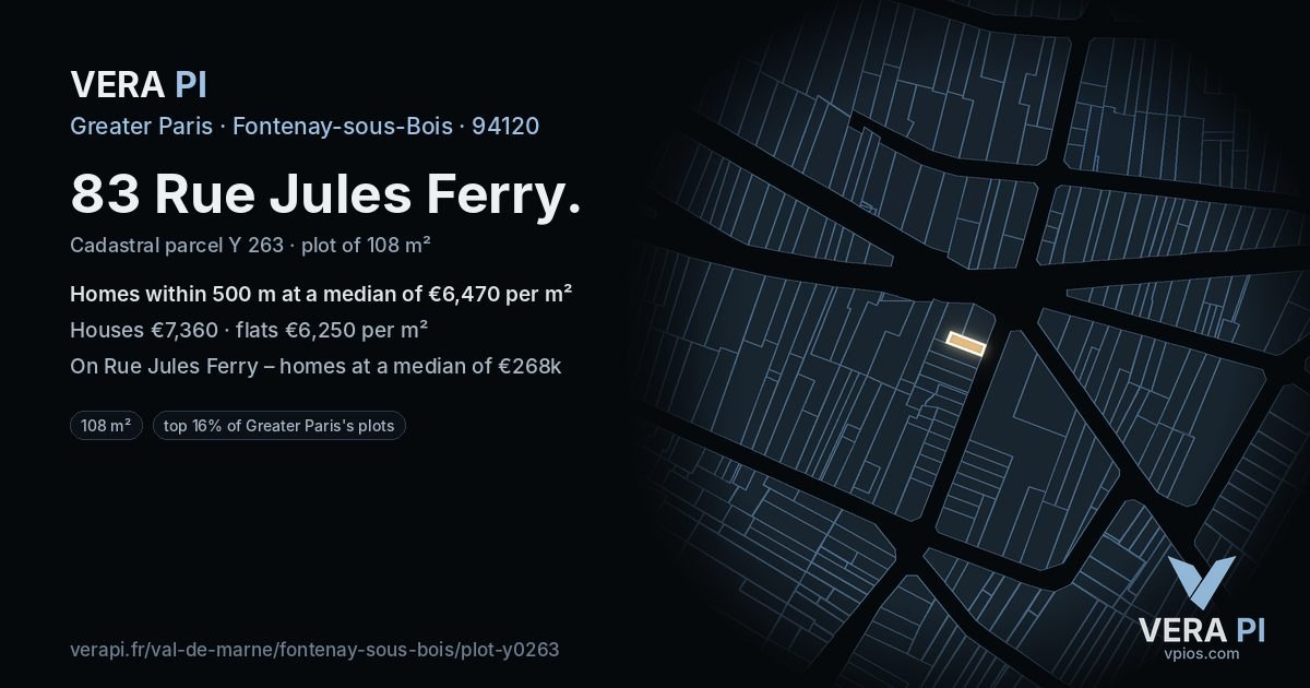 83 Rue Jules Ferry, Fontenay-sous-Bois at night – the plot lit, the parcels around coloured by the prices near them