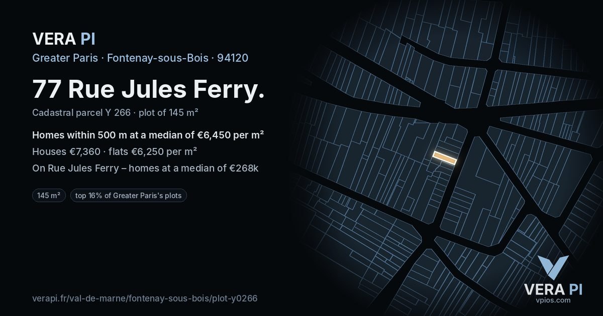 77 Rue Jules Ferry, Fontenay-sous-Bois at night – the plot lit, the parcels around coloured by the prices near them