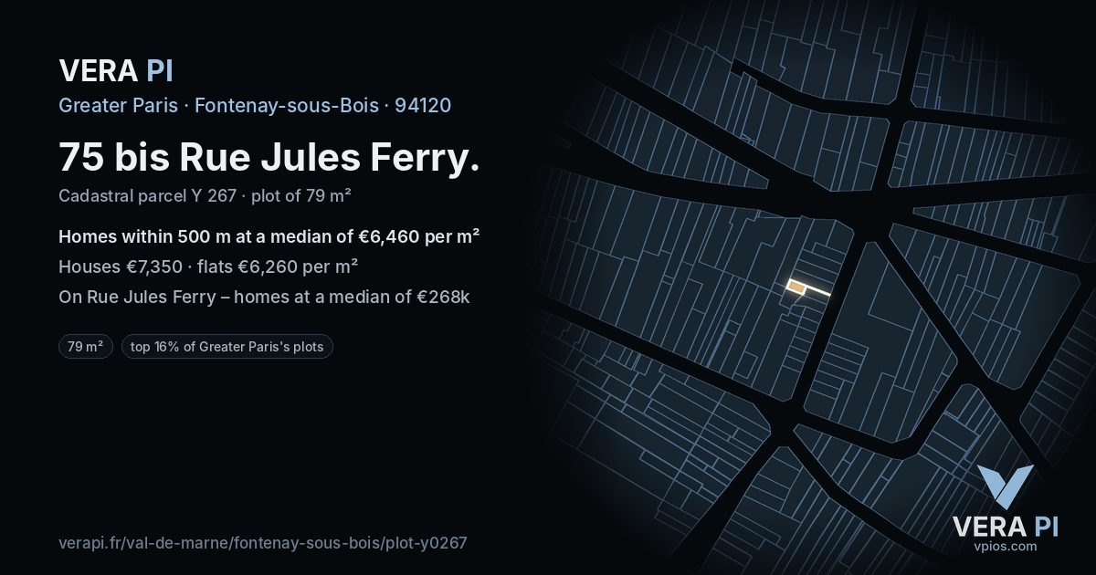 75 bis Rue Jules Ferry, Fontenay-sous-Bois at night – the plot lit, the parcels around coloured by the prices near them
