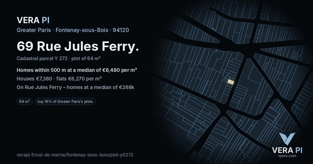 69 Rue Jules Ferry, Fontenay-sous-Bois at night – the plot lit, the parcels around coloured by the prices near them