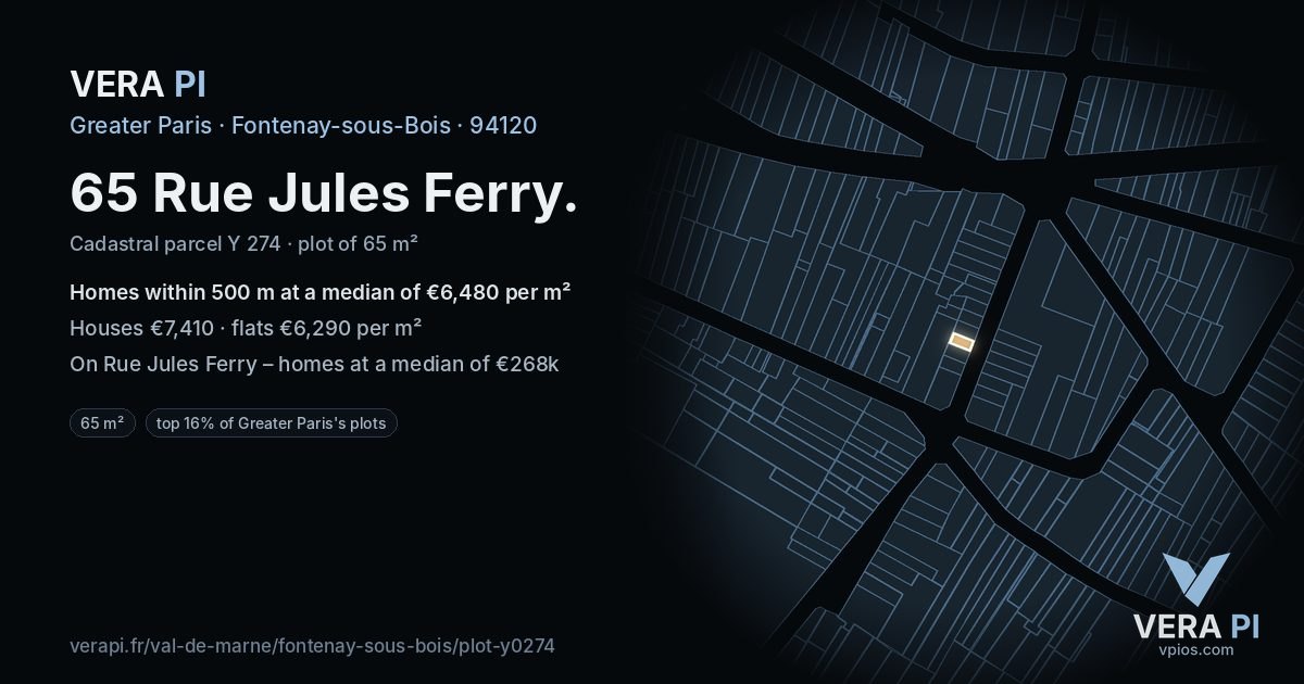 65 Rue Jules Ferry, Fontenay-sous-Bois at night – the plot lit, the parcels around coloured by the prices near them