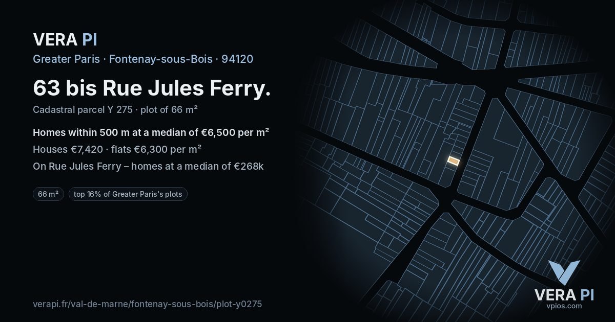 63 bis Rue Jules Ferry, Fontenay-sous-Bois at night – the plot lit, the parcels around coloured by the prices near them