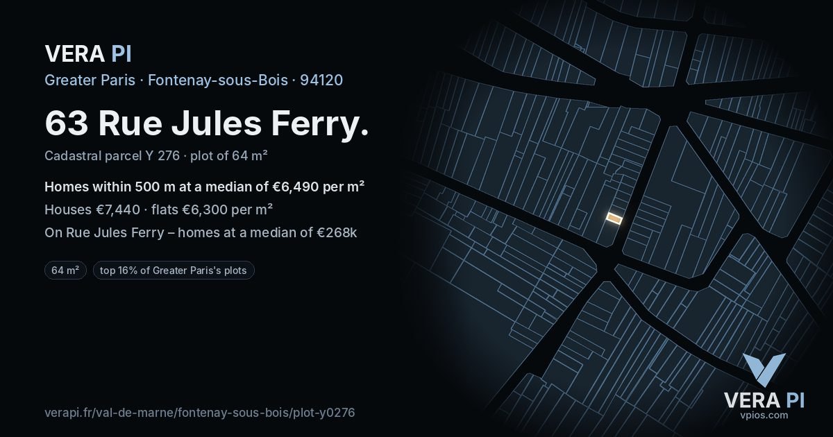 63 Rue Jules Ferry, Fontenay-sous-Bois at night – the plot lit, the parcels around coloured by the prices near them