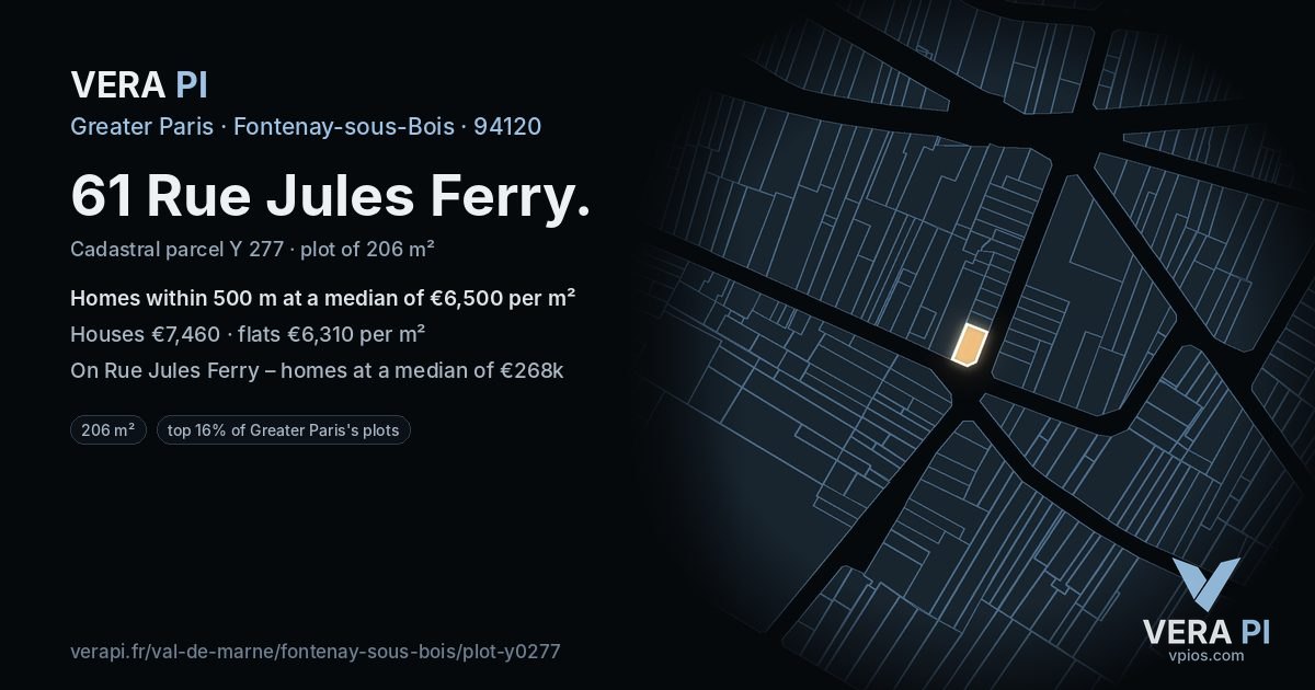 61 Rue Jules Ferry, Fontenay-sous-Bois at night – the plot lit, the parcels around coloured by the prices near them