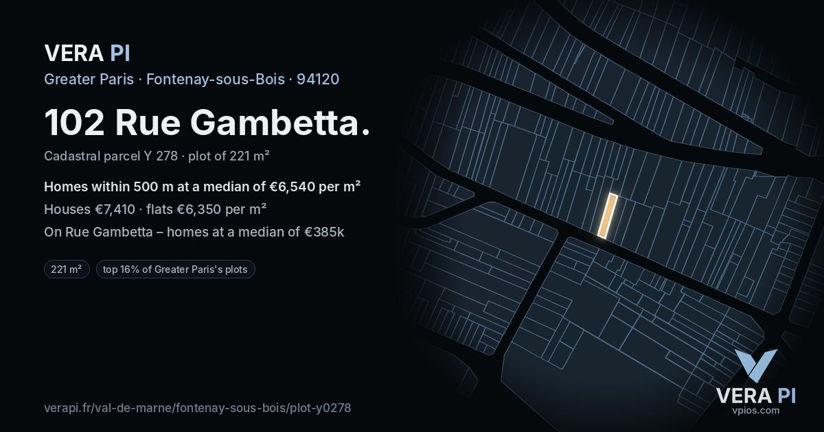102 Rue Gambetta, Fontenay-sous-Bois at night – the plot lit, the parcels around coloured by the prices near them