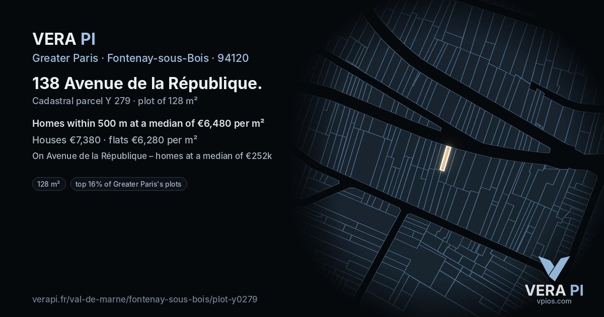138 Avenue de la République, Fontenay-sous-Bois at night – the plot lit, the parcels around coloured by the prices near them