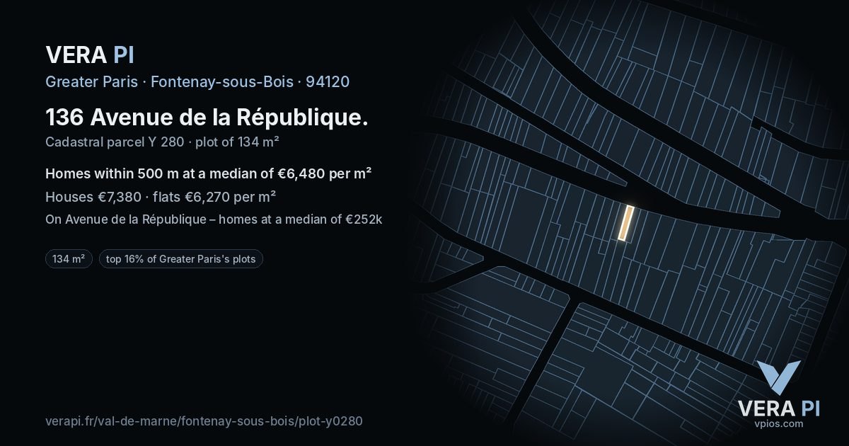 136 Avenue de la République, Fontenay-sous-Bois at night – the plot lit, the parcels around coloured by the prices near them