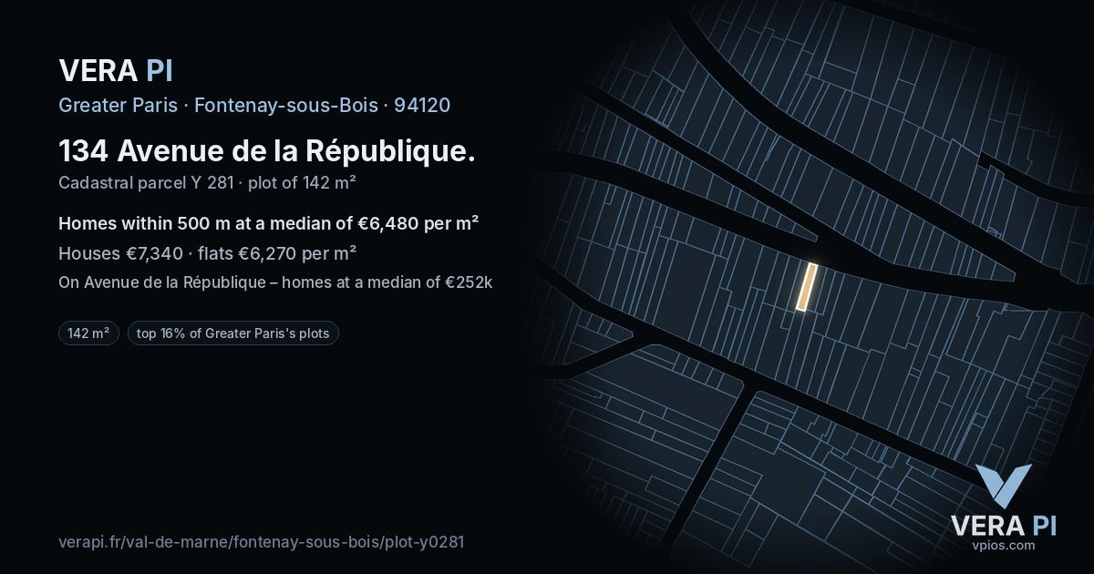134 Avenue de la République, Fontenay-sous-Bois at night – the plot lit, the parcels around coloured by the prices near them