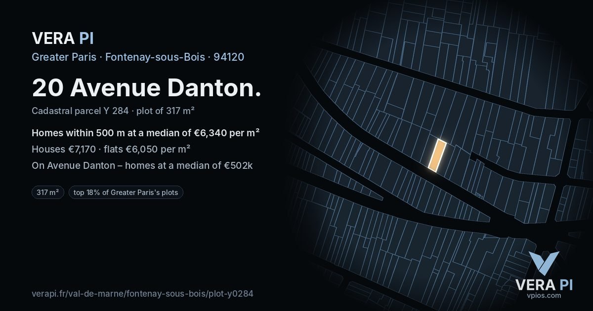 20 Avenue Danton, Fontenay-sous-Bois at night – the plot lit, the parcels around coloured by the prices near them
