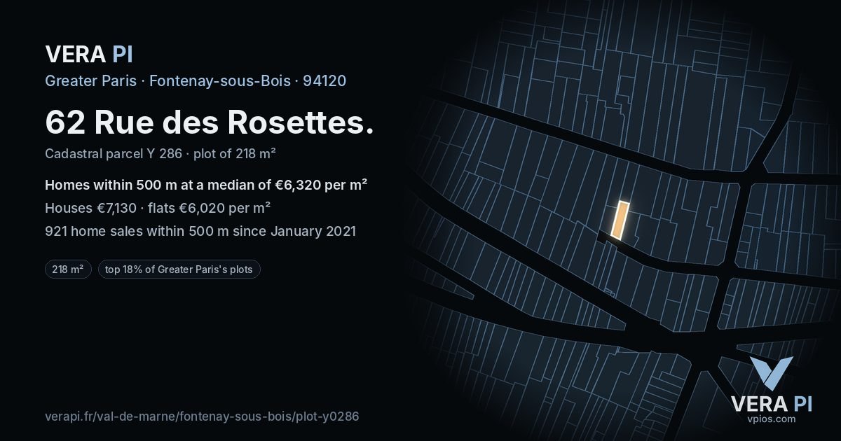 62 Rue des Rosettes, Fontenay-sous-Bois at night – the plot lit, the parcels around coloured by the prices near them