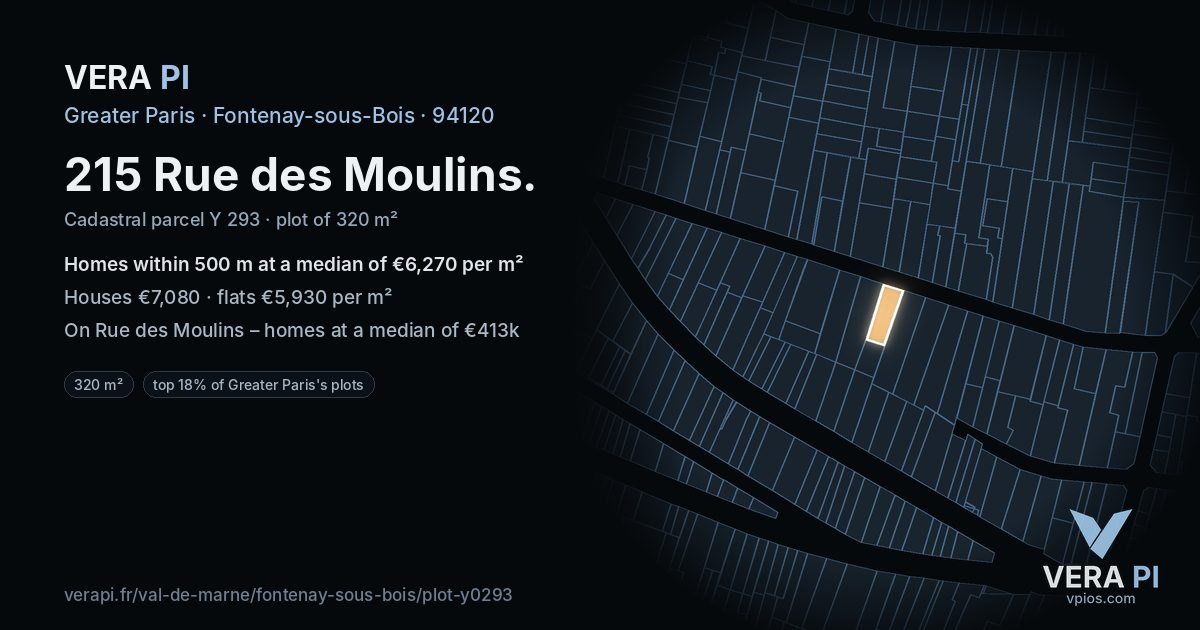 215 Rue des Moulins, Fontenay-sous-Bois at night – the plot lit, the parcels around coloured by the prices near them