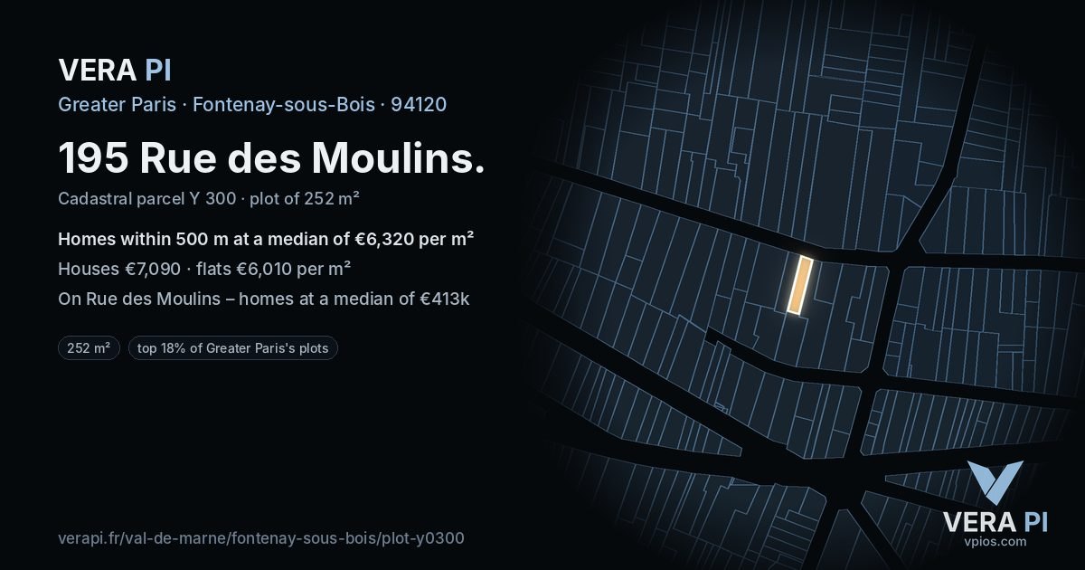 195 Rue des Moulins, Fontenay-sous-Bois at night – the plot lit, the parcels around coloured by the prices near them