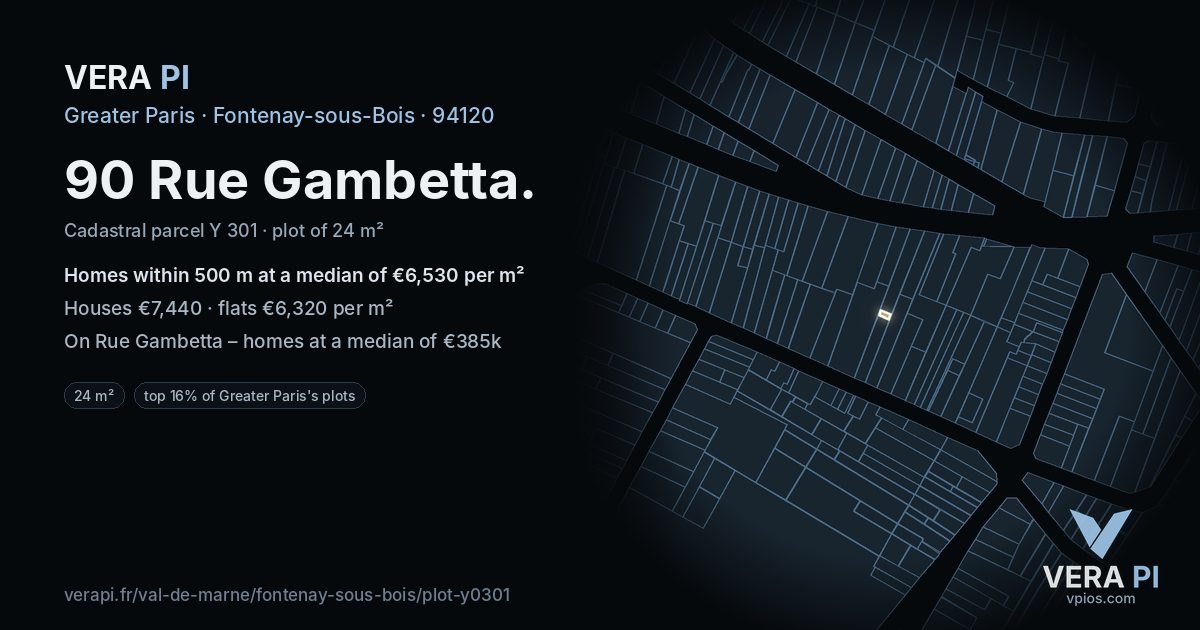 90 Rue Gambetta, Fontenay-sous-Bois at night – the plot lit, the parcels around coloured by the prices near them