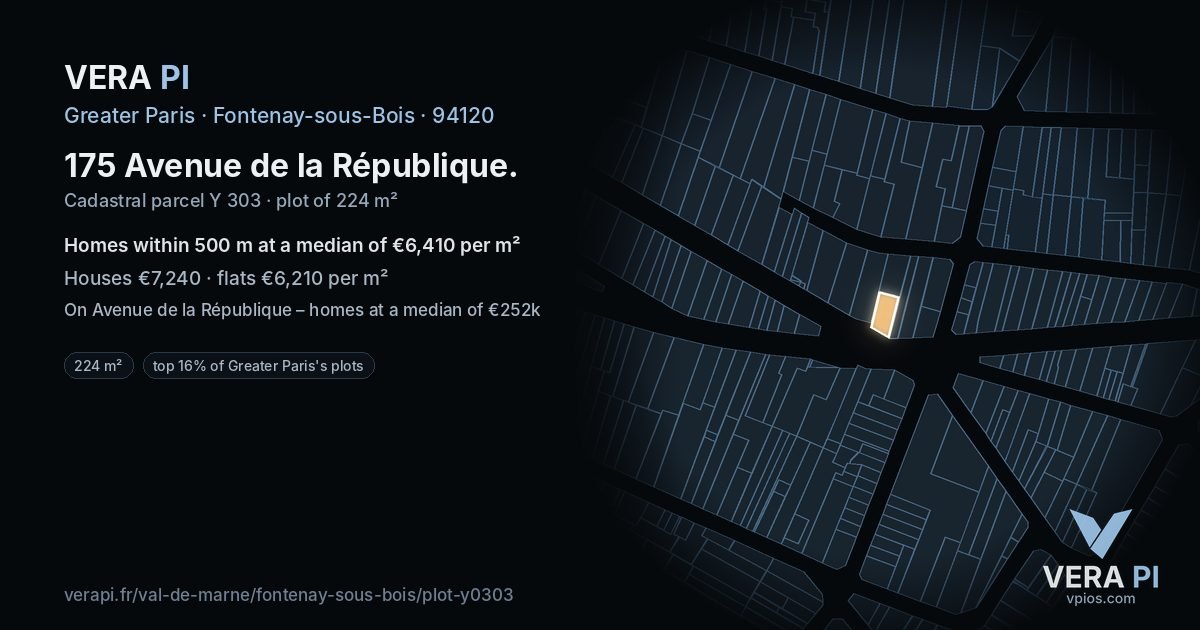 175 Avenue de la République, Fontenay-sous-Bois at night – the plot lit, the parcels around coloured by the prices near them