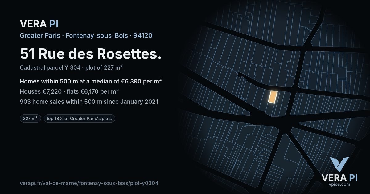 51 Rue des Rosettes, Fontenay-sous-Bois at night – the plot lit, the parcels around coloured by the prices near them