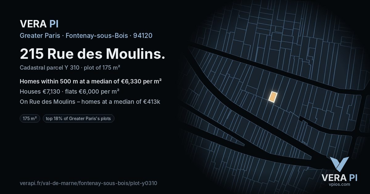215 Rue des Moulins, Fontenay-sous-Bois at night – the plot lit, the parcels around coloured by the prices near them
