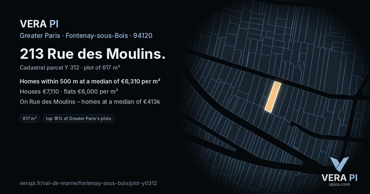 213 Rue des Moulins, Fontenay-sous-Bois at night – the plot lit, the parcels around coloured by the prices near them