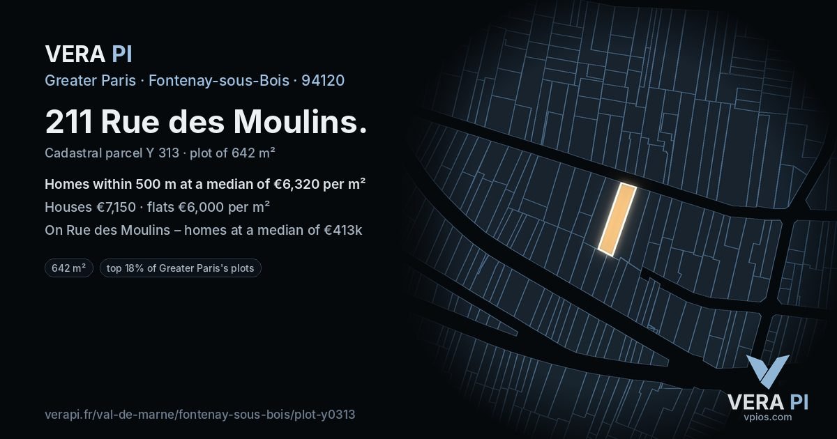 211 Rue des Moulins, Fontenay-sous-Bois at night – the plot lit, the parcels around coloured by the prices near them