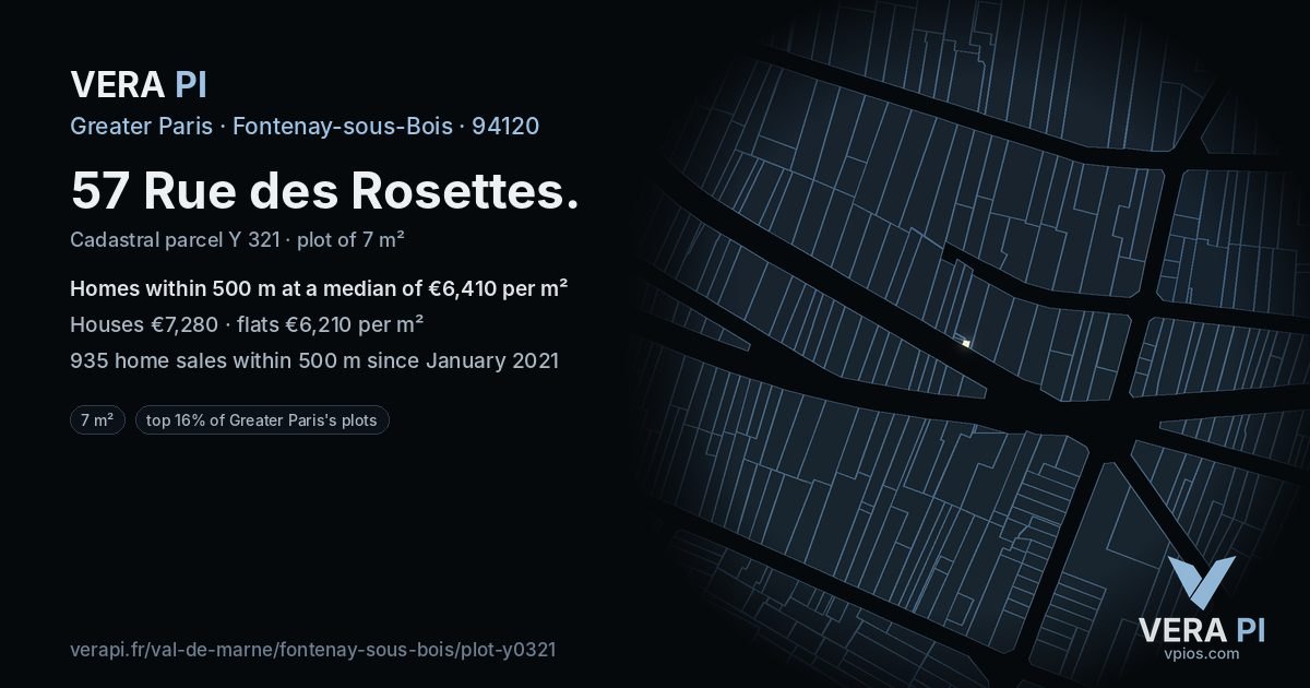 57 Rue des Rosettes, Fontenay-sous-Bois at night – the plot lit, the parcels around coloured by the prices near them