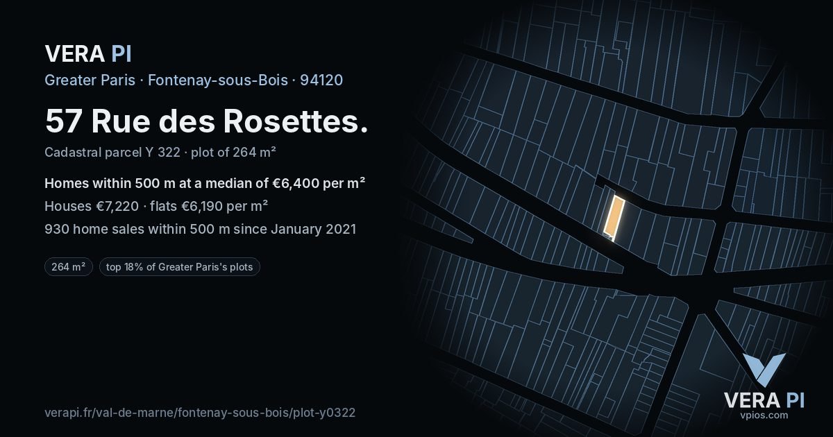 57 Rue des Rosettes, Fontenay-sous-Bois at night – the plot lit, the parcels around coloured by the prices near them