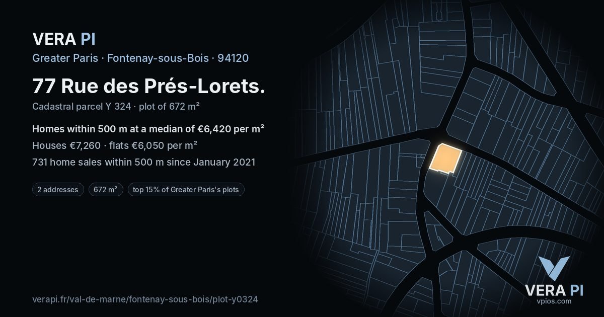 77 Rue des Prés-Lorets, Fontenay-sous-Bois at night – the plot lit, the parcels around coloured by the prices near them