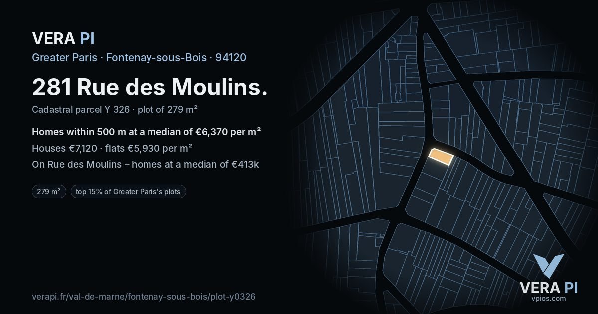 281 Rue des Moulins, Fontenay-sous-Bois at night – the plot lit, the parcels around coloured by the prices near them