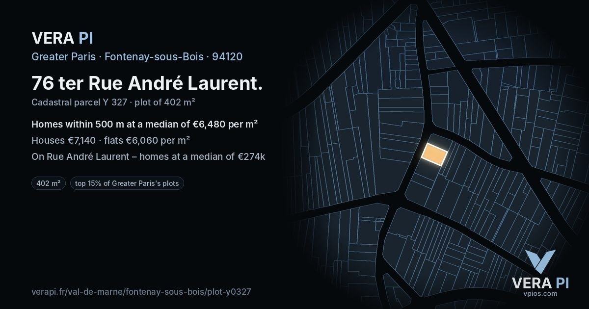 76 ter Rue André Laurent, Fontenay-sous-Bois at night – the plot lit, the parcels around coloured by the prices near them