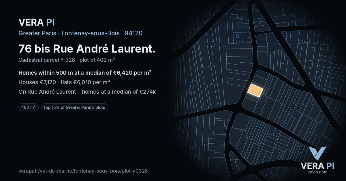 76 bis Rue André Laurent, Fontenay-sous-Bois at night – the plot lit, the parcels around coloured by the prices near them