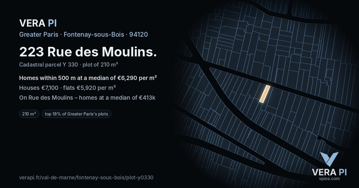 223 Rue des Moulins, Fontenay-sous-Bois at night – the plot lit, the parcels around coloured by the prices near them