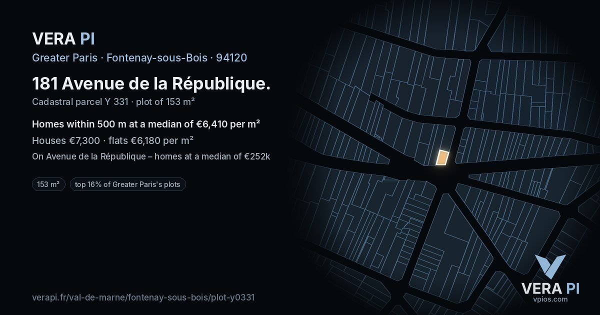181 Avenue de la République, Fontenay-sous-Bois at night – the plot lit, the parcels around coloured by the prices near them