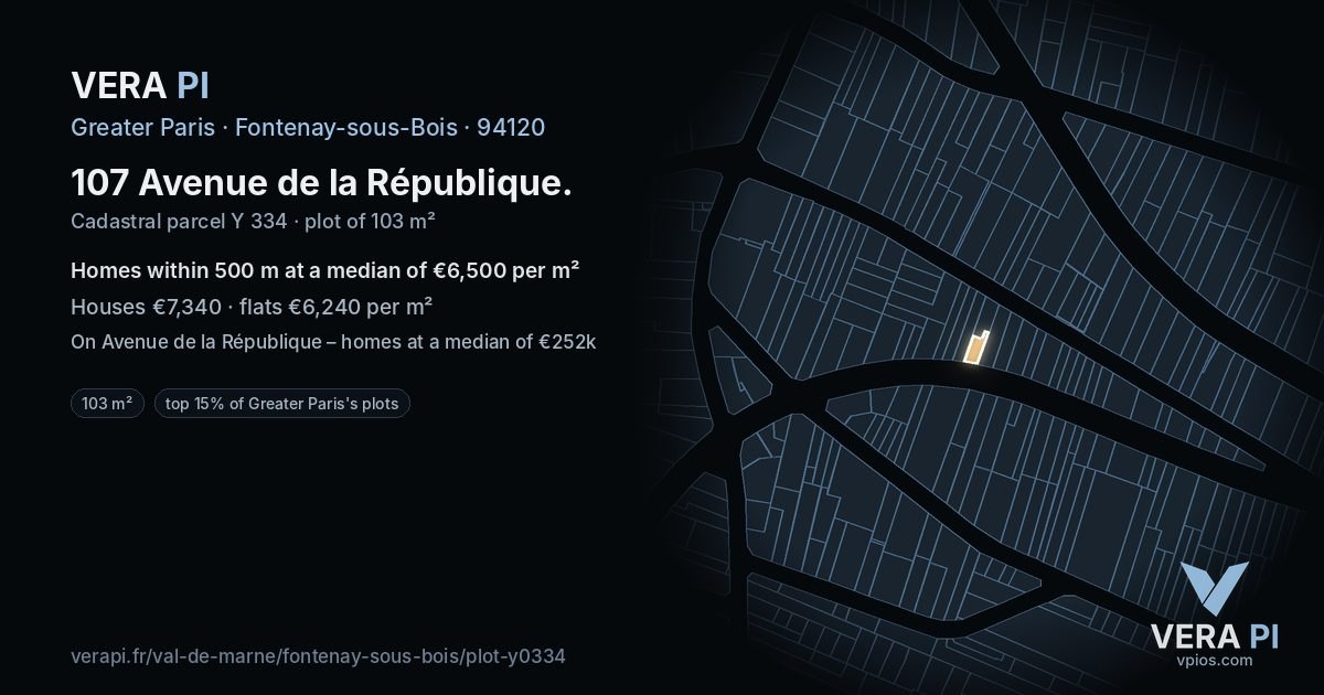 107 Avenue de la République, Fontenay-sous-Bois at night – the plot lit, the parcels around coloured by the prices near them
