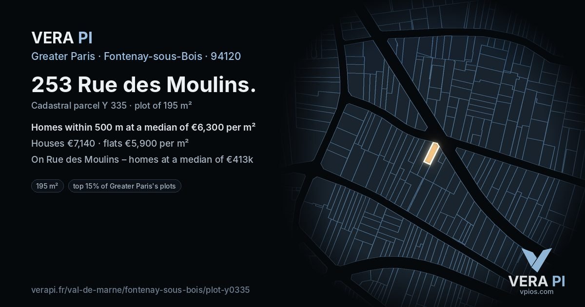 253 Rue des Moulins, Fontenay-sous-Bois at night – the plot lit, the parcels around coloured by the prices near them