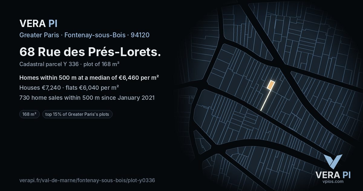 68 Rue des Prés-Lorets, Fontenay-sous-Bois at night – the plot lit, the parcels around coloured by the prices near them