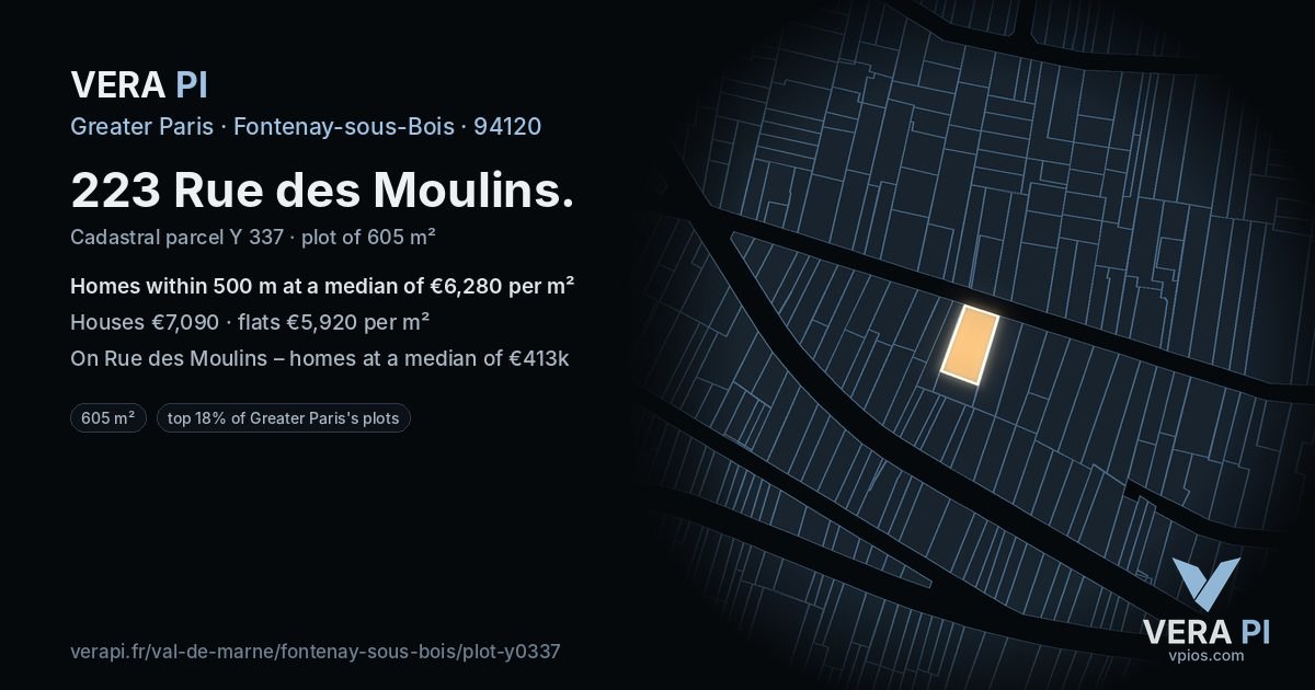 223 Rue des Moulins, Fontenay-sous-Bois at night – the plot lit, the parcels around coloured by the prices near them