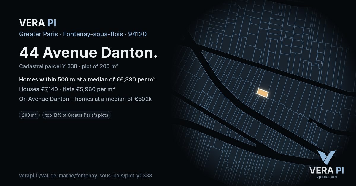 44 Avenue Danton, Fontenay-sous-Bois at night – the plot lit, the parcels around coloured by the prices near them
