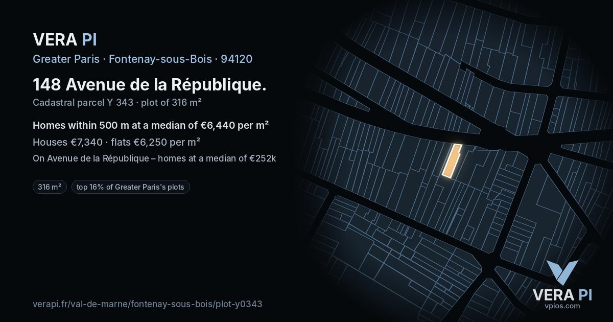 148 Avenue de la République, Fontenay-sous-Bois at night – the plot lit, the parcels around coloured by the prices near them