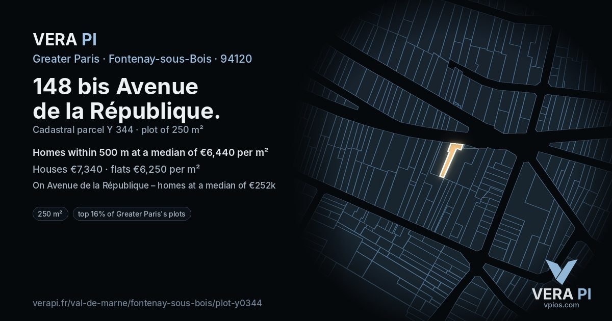 148 bis Avenue de la République, Fontenay-sous-Bois at night – the plot lit, the parcels around coloured by the prices near them
