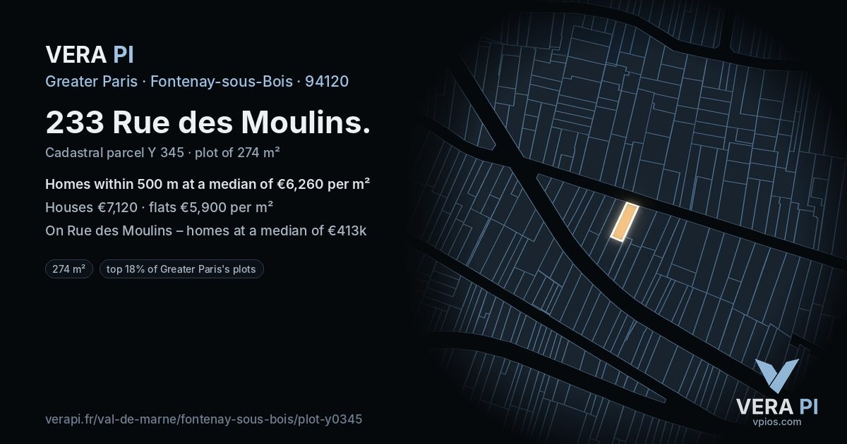 233 Rue des Moulins, Fontenay-sous-Bois at night – the plot lit, the parcels around coloured by the prices near them