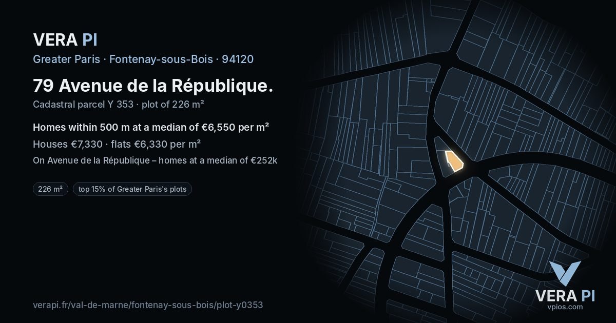 79 Avenue de la République, Fontenay-sous-Bois at night – the plot lit, the parcels around coloured by the prices near them