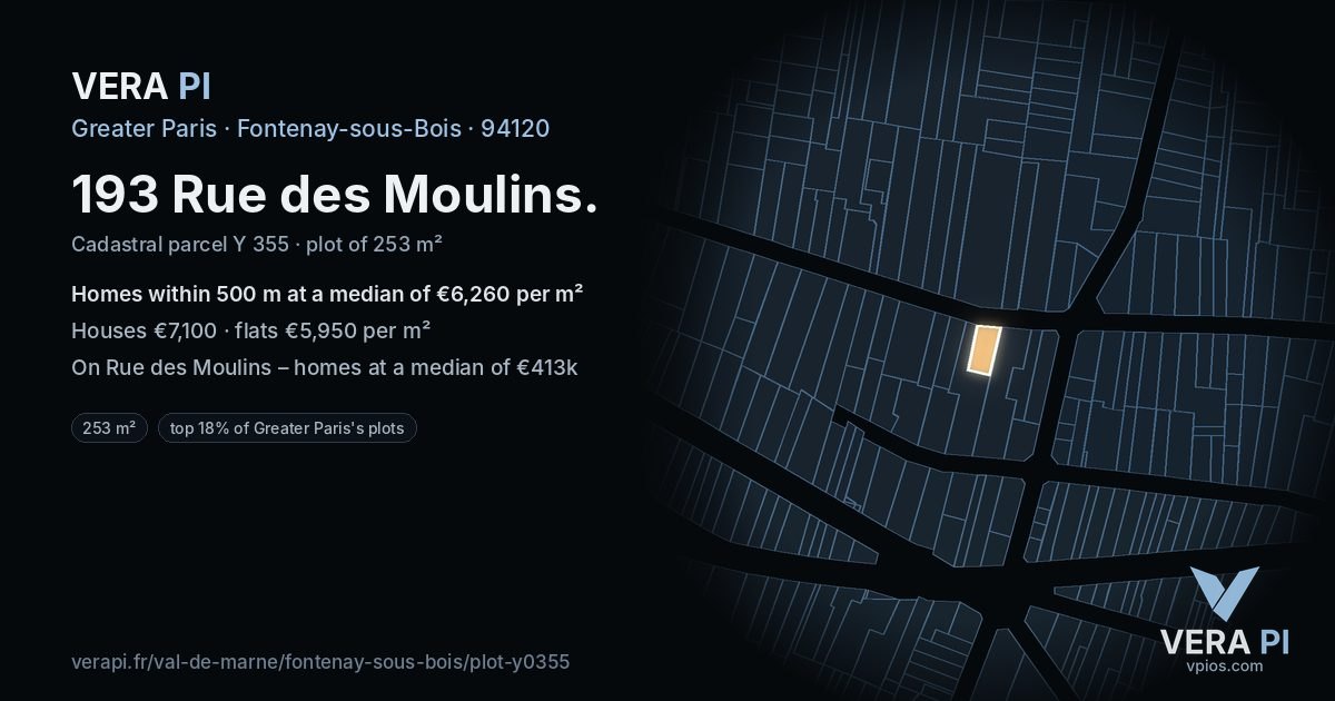 193 Rue des Moulins, Fontenay-sous-Bois at night – the plot lit, the parcels around coloured by the prices near them