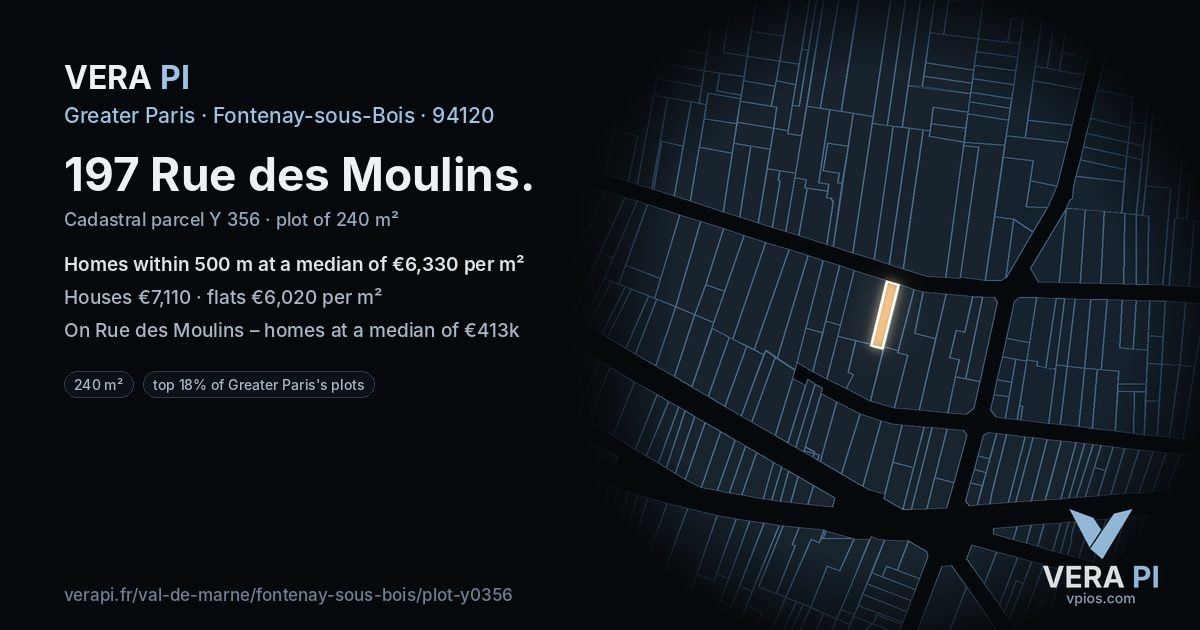 197 Rue des Moulins, Fontenay-sous-Bois at night – the plot lit, the parcels around coloured by the prices near them