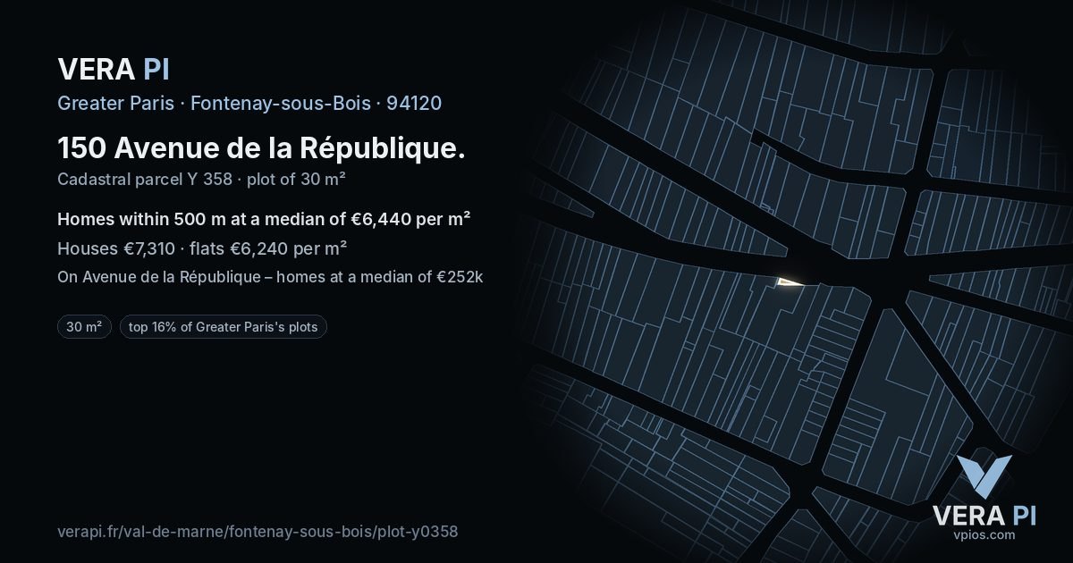 150 Avenue de la République, Fontenay-sous-Bois at night – the plot lit, the parcels around coloured by the prices near them