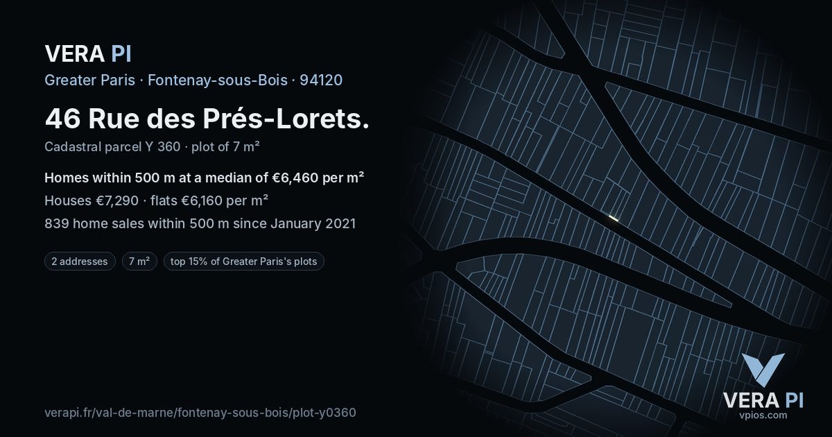 46 Rue des Prés-Lorets, Fontenay-sous-Bois at night – the plot lit, the parcels around coloured by the prices near them
