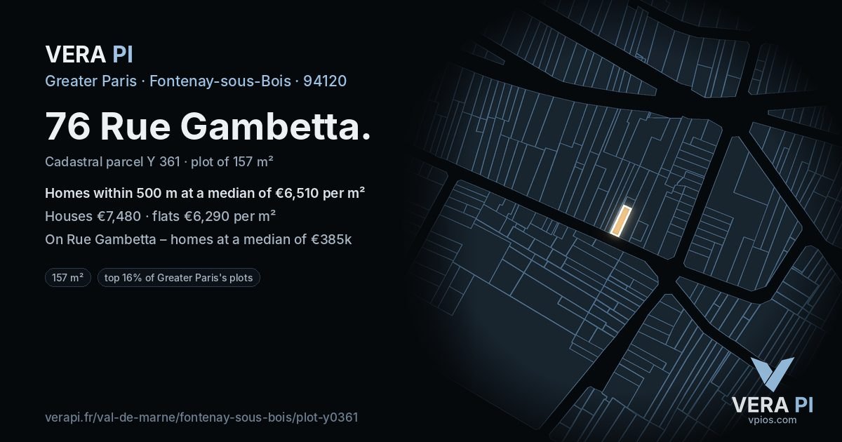 76 Rue Gambetta, Fontenay-sous-Bois at night – the plot lit, the parcels around coloured by the prices near them