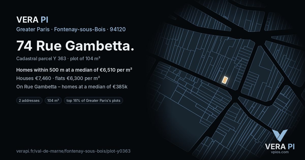 74 Rue Gambetta, Fontenay-sous-Bois at night – the plot lit, the parcels around coloured by the prices near them
