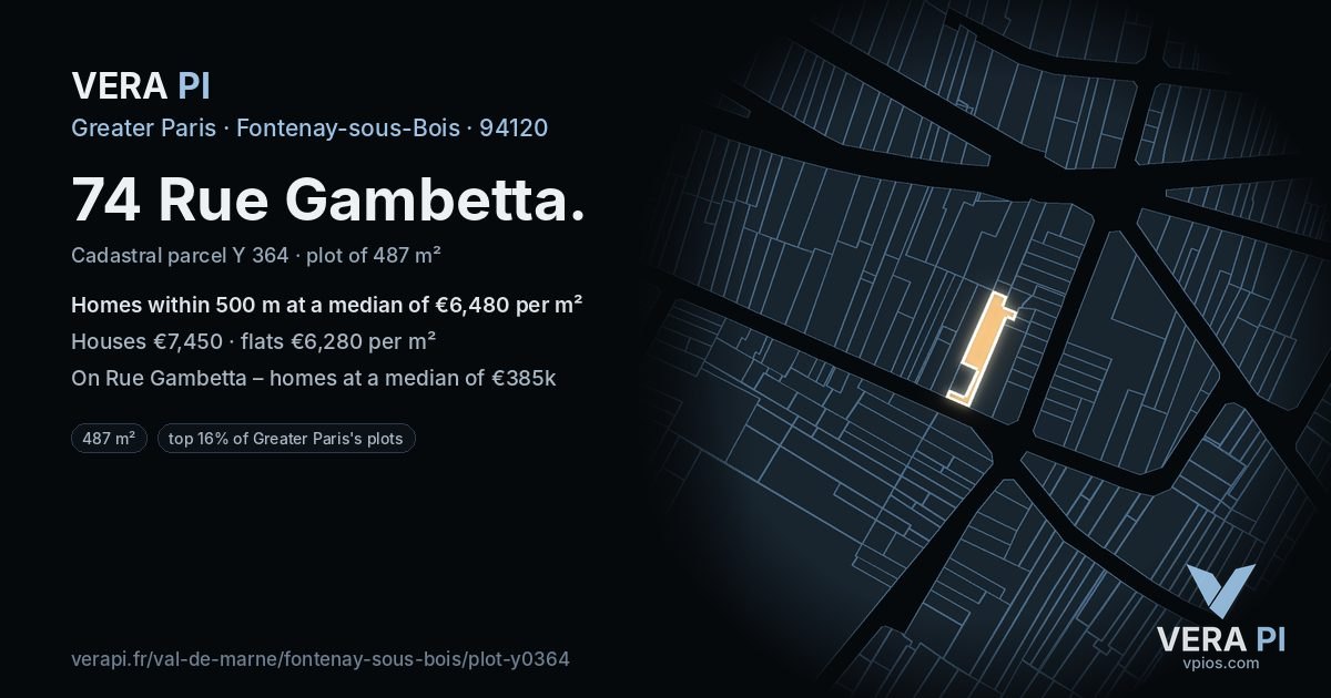 74 Rue Gambetta, Fontenay-sous-Bois at night – the plot lit, the parcels around coloured by the prices near them